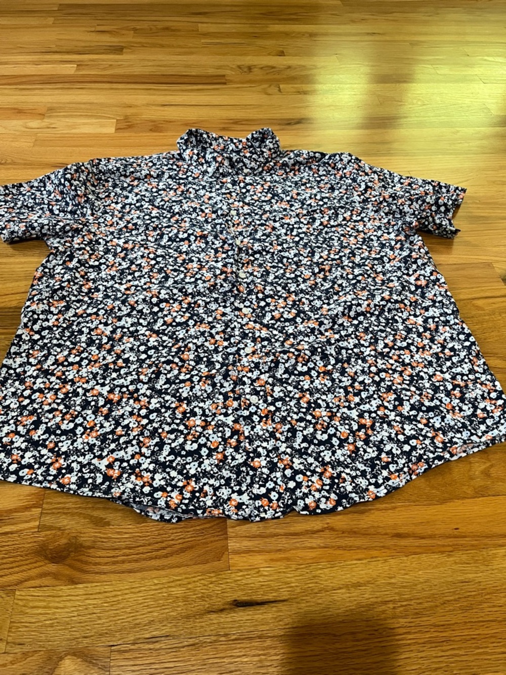 George Navy Short-Sleeve Button-Down Shirt with Orange and White Floral Print